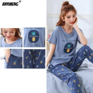 New Sleepwear Cartoon Cotton Pajamas for Women Long Pants Short Sleeved Summer Spring Loungewear Fashion Home Clothing Homewear 2