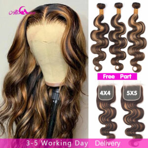 Ali Coco Highlight Colored 5x5 Closure With Brazilian Ombre Hair Bundles P4/30 Remy Body Wave Human Hair Bundles With Closure 1