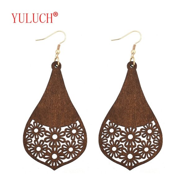 YULUCH New design retro African wooden irregular geometric openwork screen flower pendant for fashion woman jewelry earrings 1