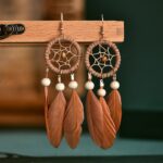 2020 Bohemian Red Dream Catcher Leaf Feather Ladies Earrings Women Summer Indian Jewelry Natural Wood Drop Dangle Earrings 4