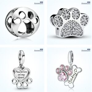 Love My Pet Footprint Charm Fit Pandora Original Necklace Bracelet Charm Heart Dog Paw Print Vintage Silver Plated Jewelry 1