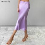 Mnealways18 Solid Purple Satin Silk Skirt Women High Waisted Summer Long Skirt New 2020 Elegant Ladies Office Skirts Midi Spring 1