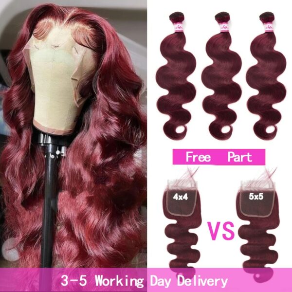 Ali Coco 99j Body Wave with 5x5 Closure Human Hair Bundle With Closure Brazilian Body Wave Dark Burgundy Bundles with Closure 1