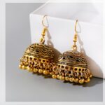 Women's Vintage Ethnic Green Gypsy Gold Indian Earrings Boho Jewelry Retro Bell Tassel Carved Ladies Jhumka Earrings 5
