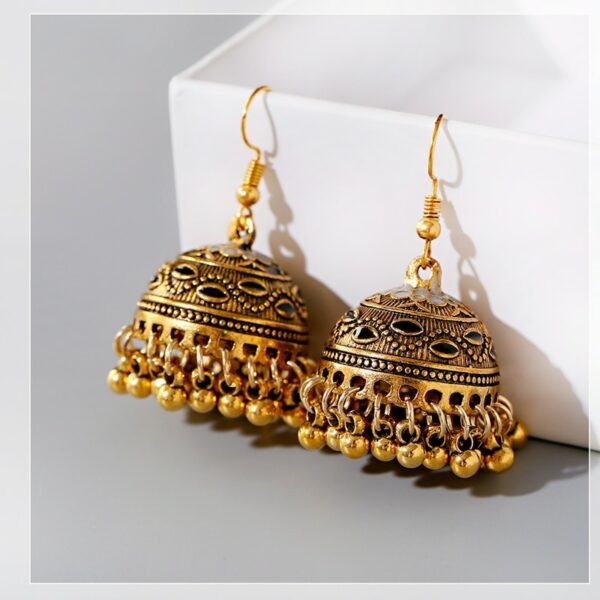 Women's Vintage Ethnic Green Gypsy Gold Indian Earrings Boho Jewelry Retro Bell Tassel Carved Ladies Jhumka Earrings 5