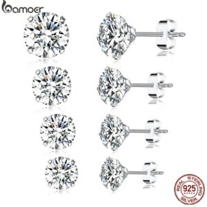 bamoer CZ Stud Earrings 925 Sterling Silver Platinum Plated Round Cubic Zirconia Hypoallergenic Earrings 4mm 5mm 6mm 7mm BSE166 1