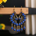 Vintage Women's Peacock Shape Indian Jhumka Earrings Turkish Blue Stone Beads Carved Alloy Dangle Earrings Gypsy Tribal Jewelry 4