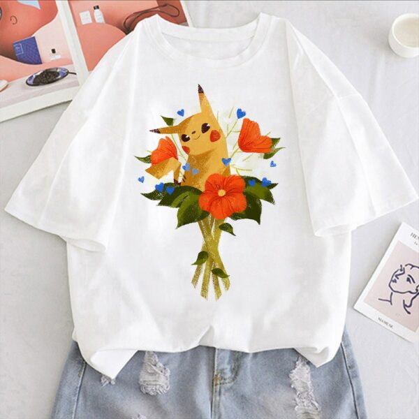 2021 Fashion Summer Pokemon T-shirt Pikachu Bulbasaur Tops Cartoons Kawaii Anime Painting Print Women Casual Clothes Tee Shirt 4