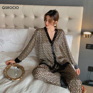 QSROCIO Women's Pajamas Set V Neck Design Luxury Cross Letter Print Sleepwear Silk Like Home Clothes XXL Large Size Nightwear 1