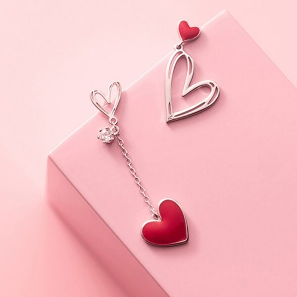 Fashion Women Jewelry 925 Sterling Silver Red Asymmetric Love Earrings Sweet Peach Heart Earrings For Wedding Party 4