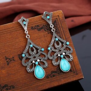 Ethnic Bohemian Turquoises Earring Women Teardrop Black Vein  Antique Silver Color  Filigree Stone Dangle Earrings 1