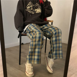 HOUZHOU Harajuku Plaid Pants Women Oversize Wide Leg Trousers Female Korean Style High Waist Checkered Pajama 2021 Spring Summer 1