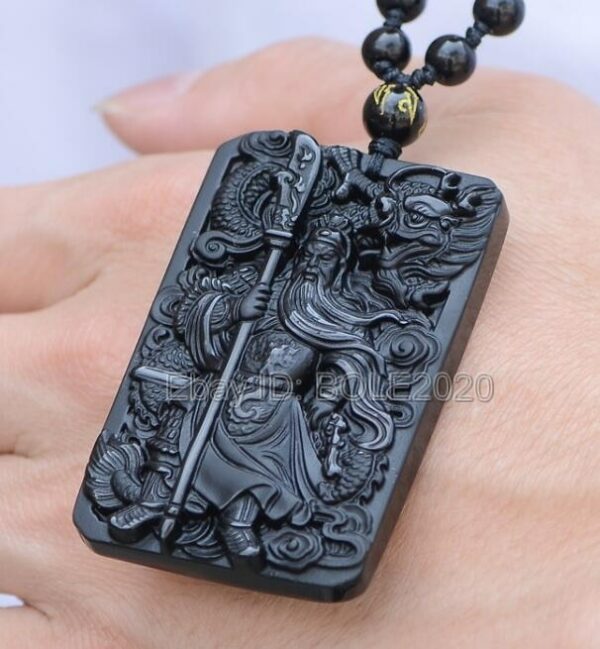 Beautiful Chinese Handwork Natural Black Obsidian Carved Sword GuanGong Lucky Amulet Pendant + Beads Necklace Fashion Jewelry 2