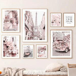 Paris Poster Pink Modern Canvas Painting Print Flower Bicycle Tower Coffee Wall Art Decoration Room Wall Pictures for Home Decor 2