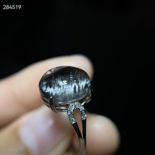 Natural Brookite Black Platinum Silver Rutilated Quartz Oval Ring 13.4/11.7mm Rutilated 925 Silver Woman Men AAAAA 6