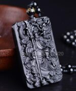 Beautiful Chinese Handwork Natural Black Obsidian Carved Sword GuanGong Lucky Amulet Pendant + Beads Necklace Fashion Jewelry 3