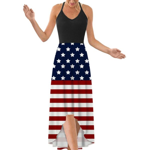 Women Fashion High Waist American Flag Dress Splicing Sleeveless Halter Casual Laminated Ruffle Beach Holiday Dresses 3