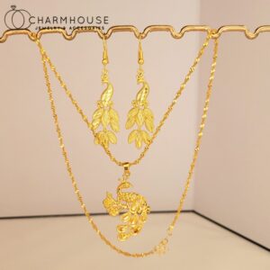 24K Yellow GP Jewelry Sets For Women Long Peacock Pendant Necklace Earrings 2pcs Wedding Jewelry Accessories Party Gifts 1