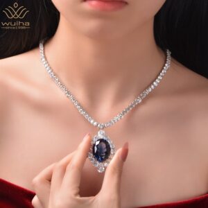 WUIHA Top Quality Real 925 Sterling Silver Oval Cut Sapphire Gem Created Moissanite Wedding Pendant Necklace Luxury Fine Jewelry 1