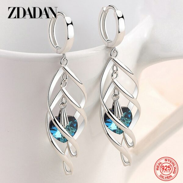 ZDADAN 925 Sterling Silver Hollow Blue Crystal Long Drop Earrings For Women Fashion Wedding Jewelry Gift 5