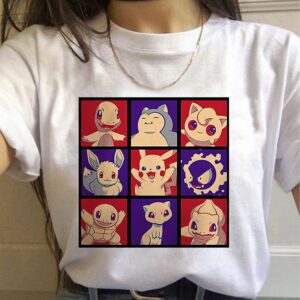 2021 Fashion Summer Pokemon T-shirt Pikachu Bulbasaur Tops Cartoons Kawaii Anime Painting Print Women Casual Clothes Tee Shirt 1