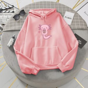 Funny Women Cute Axolotl Loves Bubble Tea Hoodies Sweatshirt Print Loose Cartoon Hooded Oversized Hoodie Streetwear Woman Cloth 2