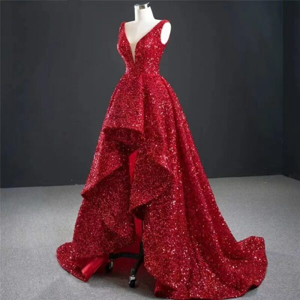 On Zhu Glamorous Red Sequin High And Low Evening Gowns Elegant Long Luxury V-neck 2022 Party Dress Dubai robe de soirée femme 3