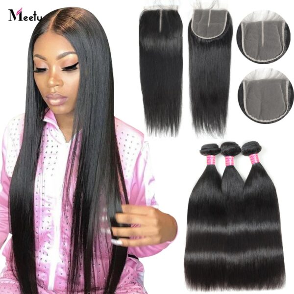 Bone Straight Human Hair Bundles With Closure Lace Closures With Bundles Brazilian Hair Weave Bundles With Closure Remy Hair 1