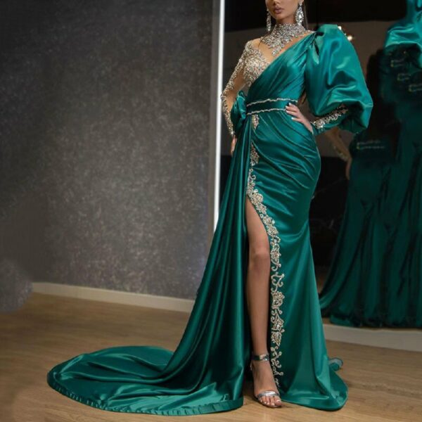 Muslim Mint Mermaid Evening Dresses Gowns Elegant Beaded Satin Overskirt Formal For Women Party 2