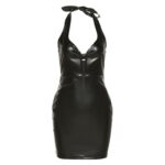 Women Sexy Low V-Neck Mini Dress Hollow Out Backless Faux PU Leather Dresses Women Lace Up Halter Pencil Dress FemaleStreetwear 6