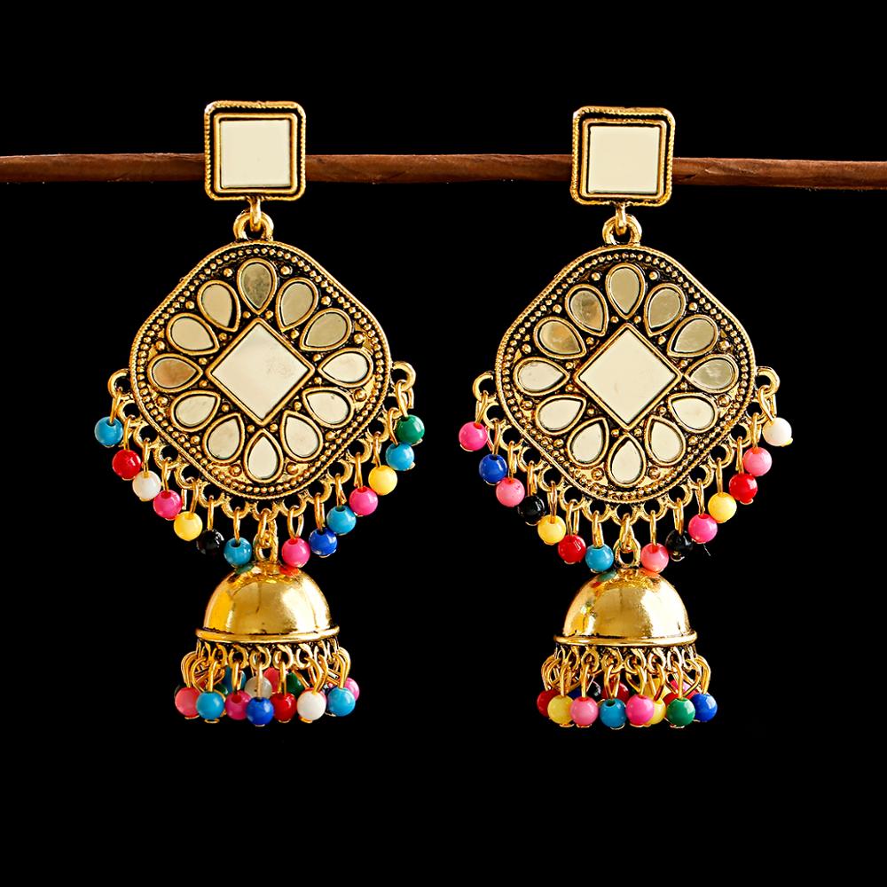 Gypsy Afghani Beads Tassel Indian Jhumka Earrings For Women Bohemian Retro Gold Mirror Bell Mirror Tibetan Earrings Oorbellen 1