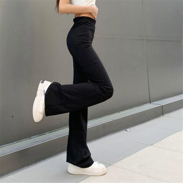 All-Match Women Fashion Elastic Waist Black Flared Pants Solid Color High Waist Wide Leg Trousers Casual Hipster Streetwear 3