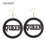 YULUCH 2019 Ethnic Big Round Wooden Hollow Letter Queen Drop Earrings African Wood Chip Pendant Earrings For Women Lady Girls 2