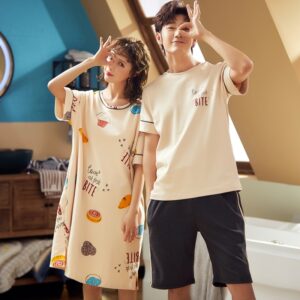 Cute Women Nightgown Man Pyjamas Summer Cotton Couple Sleepwear Lovers Pyjamas Lounge Wear Short Sleeve Home Wear 1