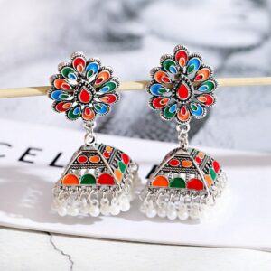 Retro Flower Bollywood Oxidized Women Jhumka Indian Earrings Femmes 2020 Ethnic Silver Color Afghan Tassel Drop Earrings 1