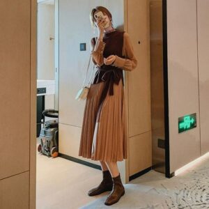 Spring and Autumn Two-piece Suit Long-sleeved Dress New Women's Wear Waist Thin Temperament Long Pleated Skirt 1