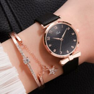 Women Watches Bracelet Set Flowers Ladies Bracelet Watch Casual Leather Quartz Wristwatch 2pcs Set Clock Gifts Relogio Feminino 2