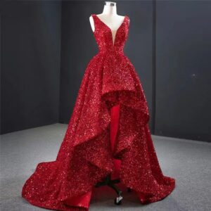 On Zhu Glamorous Red Sequin High And Low Evening Gowns Elegant Long Luxury V-neck 2022 Party Dress Dubai robe de soirée femme 2