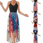 Women Fashion High Waist American Flag Dress Splicing Sleeveless Halter Casual Laminated Ruffle Beach Holiday Dresses 2