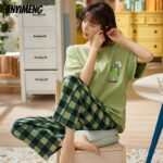 New Sleepwear Cartoon Cotton Pajamas for Women Long Pants Short Sleeved Summer Spring Loungewear Fashion Home Clothing Homewear 1
