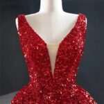 On Zhu Glamorous Red Sequin High And Low Evening Gowns Elegant Long Luxury V-neck 2022 Party Dress Dubai robe de soirée femme 6
