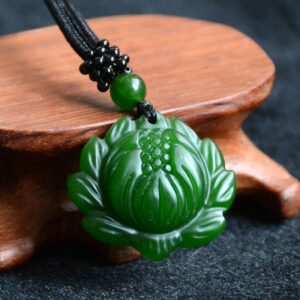 Chinese Green Jade Lotus Pendant Necklace Charm Jewellery Fashion Accessories Hand-Carved Man Woman Amulet Free rope 1