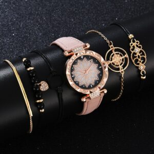 6pcs Set Luxury Women Watches Fashion Flowers Diamond Ladies Bracelet Watch Casual Leather Dress Quartz Wrist Watch Reloj Mujer 1