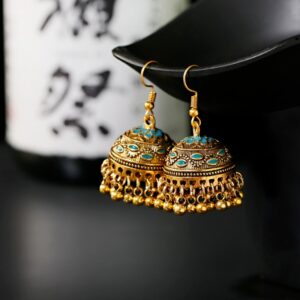 Women's Vintage Ethnic Green Gypsy Gold Indian Earrings Boho Jewelry Retro Bell Tassel Carved Ladies Jhumka Earrings 1