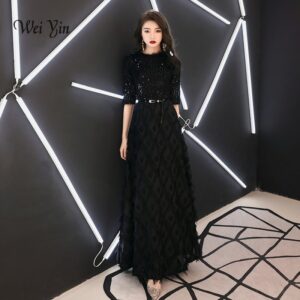 wei yin 2022 New Evening Dresses The Bride Elegant Banquet Black Half Sleeves Lace Floor-length Long Prom Party Gowns WY1342 1