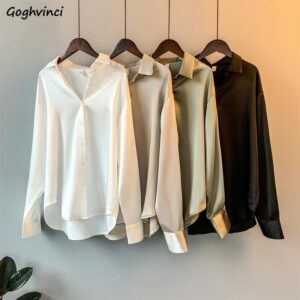Women Blouses Solid Casual Loose Satin Female Shirts Korean Style Elegant Simple All-match Turn-down Collar Oversize 3XL Fashion 1