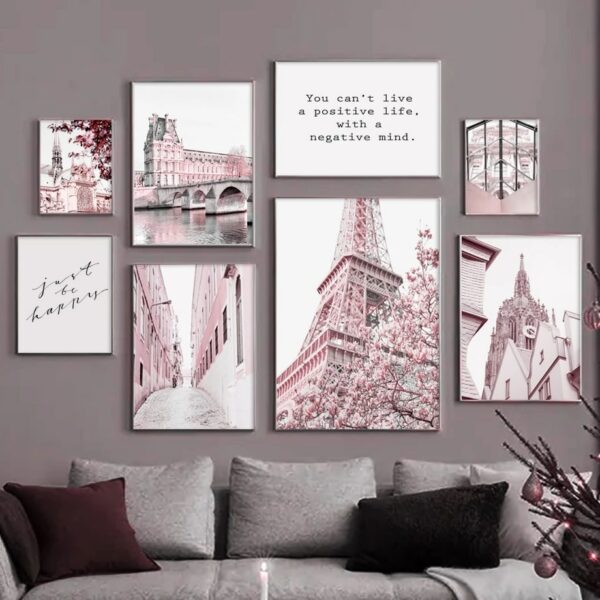 Paris Poster Pink Modern Canvas Painting Print Flower Bicycle Tower Coffee Wall Art Decoration Room Wall Pictures for Home Decor 3