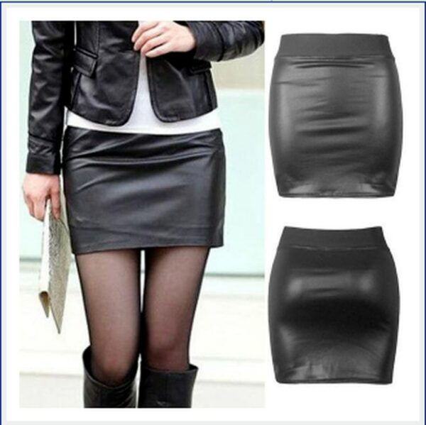 Women PU Leather Short Skirt Solid Color High Waist Slim Hip Pencil Skirts Vintage Bodycon Skirt Sexy Clubwear 1