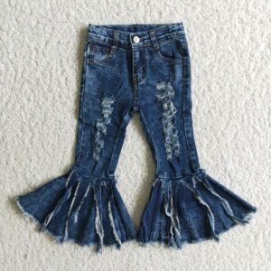 Wholesale baby girls fall outfit denim double jeans bell bottom kids children Toddler Flared button double pants ripped Jeans 1