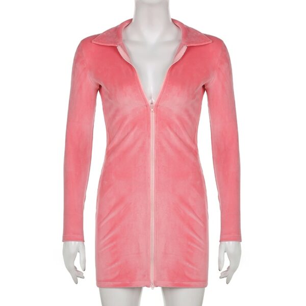 2022 Female Dress Solid Color Turn-Down Collar Long Sleeve One-Piece with Zipper for Spring Summer, S/M/L 4